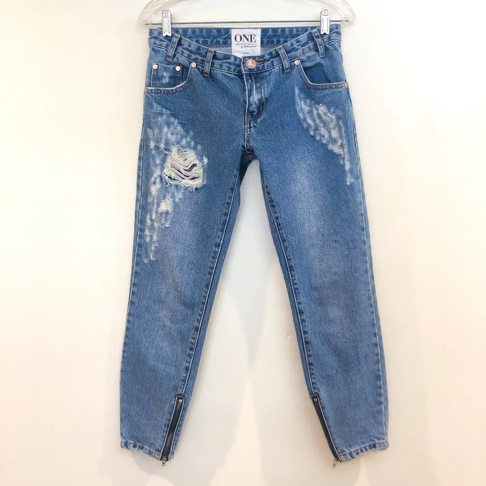 One Teaspoon Trashed Free Birds Distressed Denim Low Waist Skinny Jeans 26 EUC